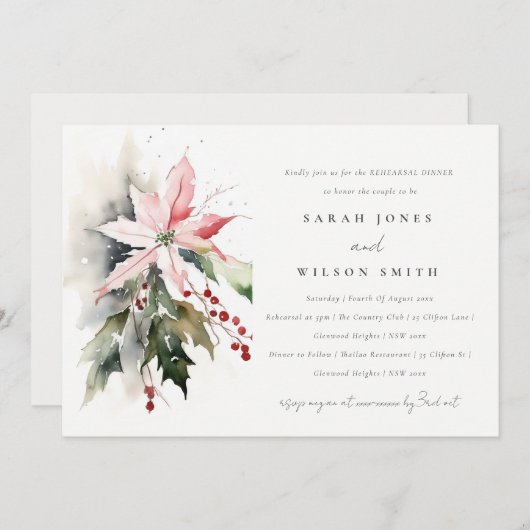 シックなポインセチア果実の葉リハーサルディナー 招待状 (正面/裏面)