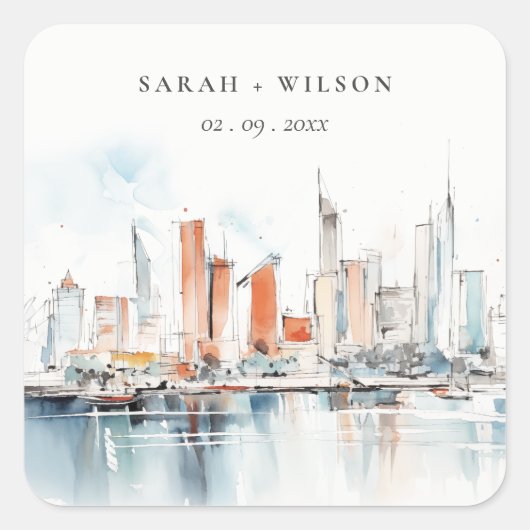 シックなマイアミフロリダスカイラインウォーター結婚カラー スクエアシール (正面)