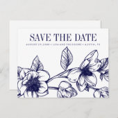 シックなマグノリアの花 |ネイビーブルー |日付の保存 案内ポストカード (正面/裏面)