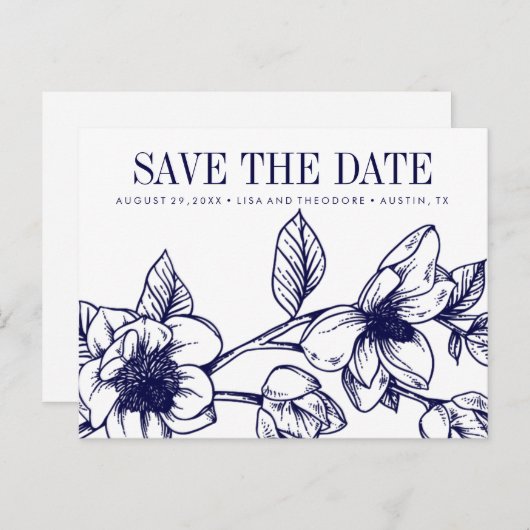 シックなマグノリアの花 |ネイビーブルー |日付の保存 案内ポストカード (正面/裏面)