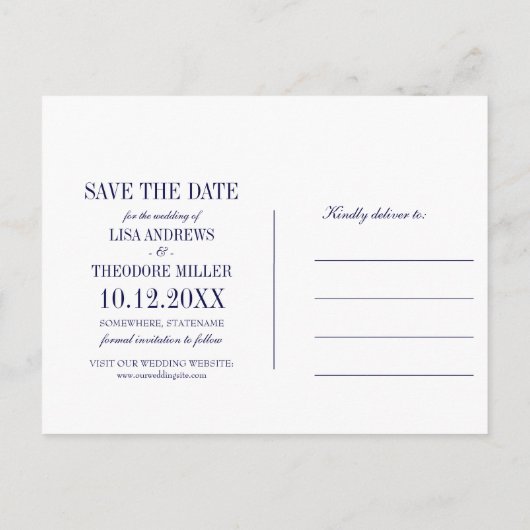 シックなマグノリアの花 |ネイビーブルー |日付の保存 案内ポストカード (裏面)