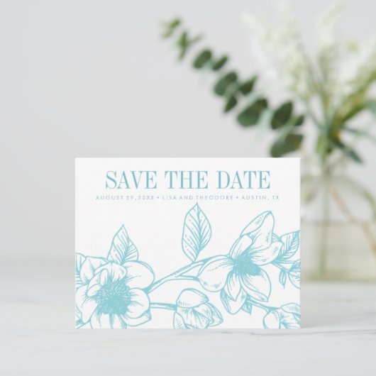 シックなマグノリアの花 |青淡い色の色 |日付の保存 案内ポストカード (スタンド正面)