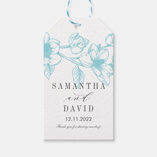 シックなマグノリアの花 |青淡い色の色 | 結婚s ギフトタグ (正面)