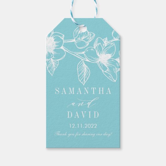 シックなマグノリアの花 |青淡い色の色 | 結婚s ギフトタグ (正面)