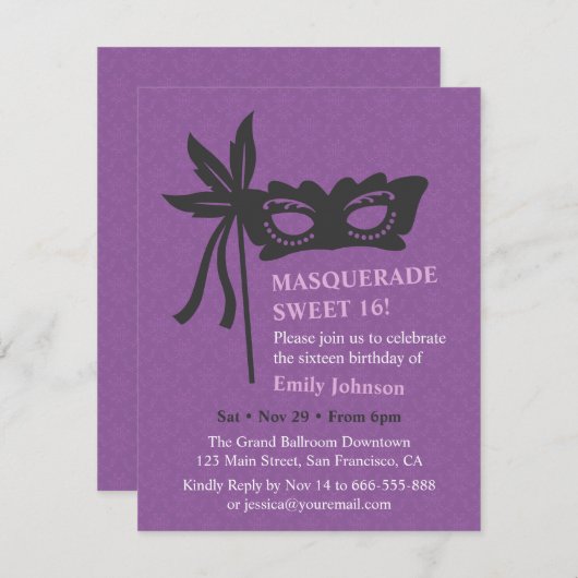 シックなマスクシルエットマスカレードパーティの招待状 招待状 (正面/裏面)