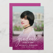 シックなマゼンタグリッターグラデーションガーリーフォト卒業 案内状 (正面/裏面)
