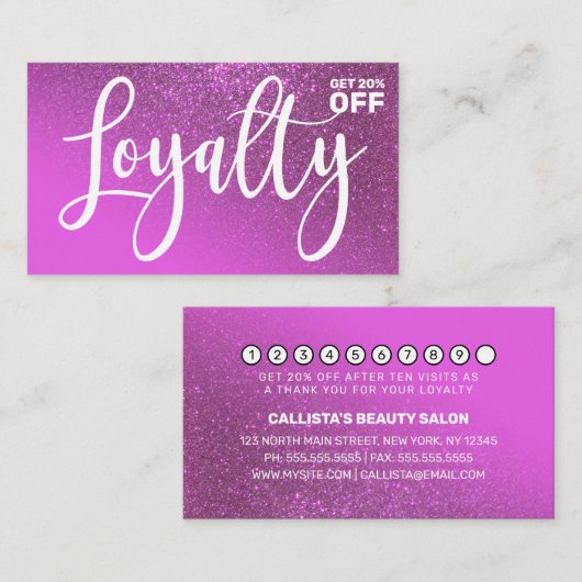 シックなマゼンタパープルグリッターグラデーションタイポグラフィ ロイヤリティカード (正面/裏面)