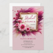 シックなマゼンタピンクの花金ゴールドフレームブライダル 招待状 (正面/裏面)