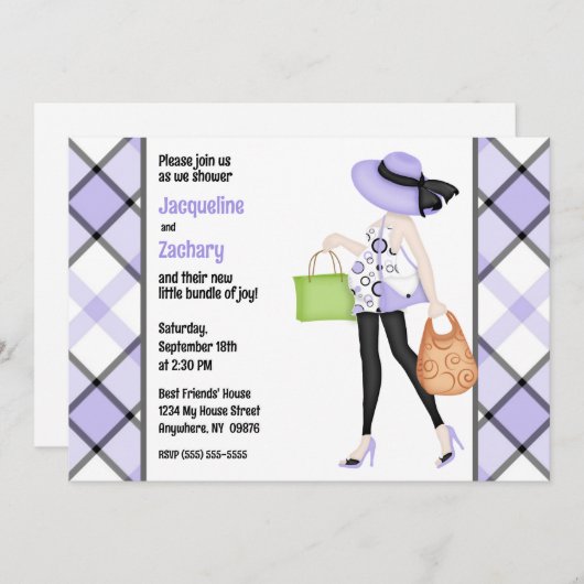 シックなママとパープルのプレイドベビーシャワー 招待状 (正面/裏面)
