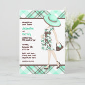 シックなママとbeティール（緑がかった色）グリーンブラウンプレイドベビーシャワー 招待状 (スタンド正面)