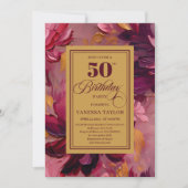 シックなマルサラピンクゴールドの花の50歳の誕生日 招待状 (正面)