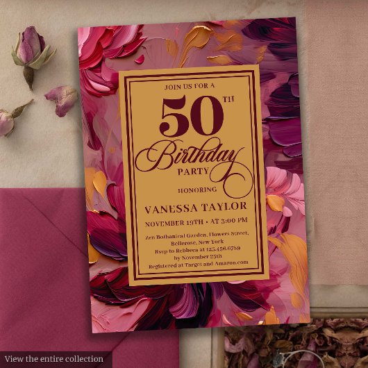 シックなマルサラピンクゴールドの花の50歳の誕生日 招待状