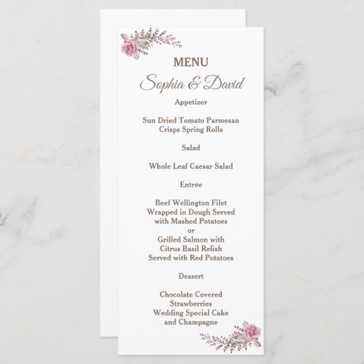 シックなマルサラマルーンフローラ水彩色結婚のメニュー メニュー (正面/裏面)
