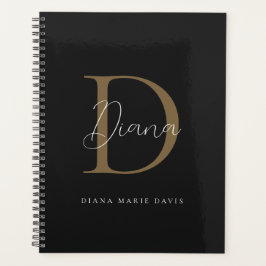 シックなミッドナイトブラックモッシー金ゴールドスクリプトモノグラム プランナー手帳