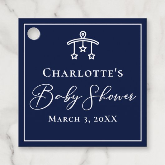 シックなミッドナイトブルースターモバイルベビーシャワー フェイバータグ (正面)