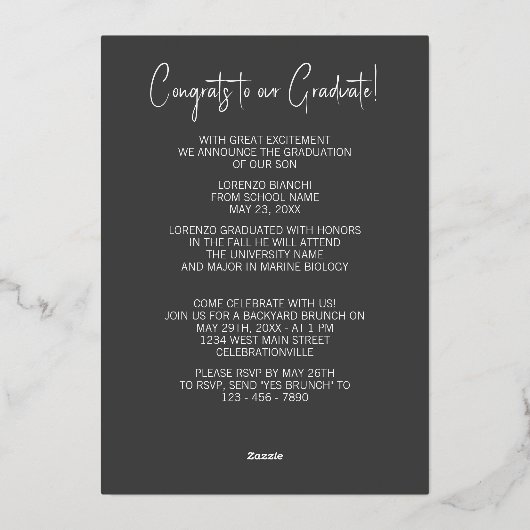 シックなミニマリストのゴールドフォイル卒業発表 箔招待状 (裏面)