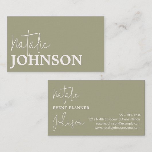 シックなミニマリストのセージ緑の書道スクリプト 名刺 (正面/裏面)