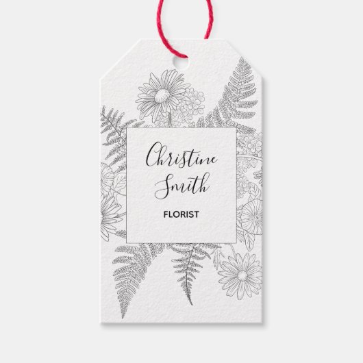 シックなミニマリストの白黒ライン描フローラ ギフトタグ (正面)