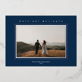 シックなミニマリストエレガンスネイビーブルークリスマスフォト 箔シーズンカード (正面)