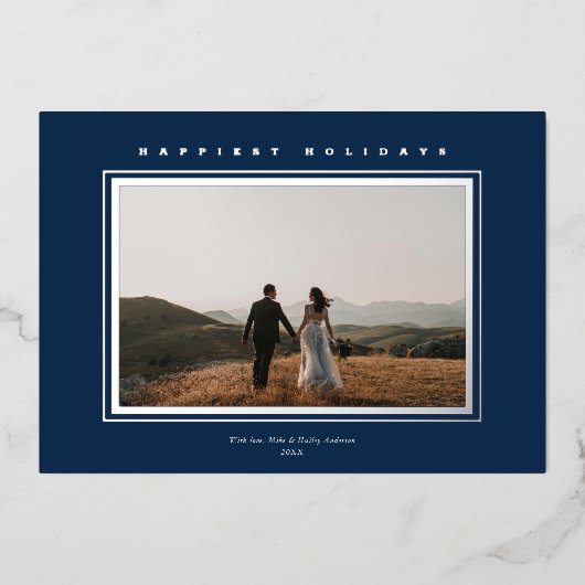 シックなミニマリストエレガンスネイビーブルークリスマスフォト 箔シーズンカード (正面)