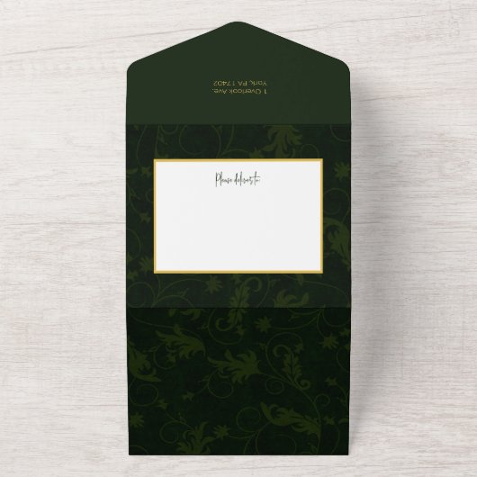 シックなミニマリストグリーンダマスクのクリスマスフォト オールインワン招待状 (外側)