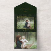 シックなミニマリストグリーンダマスクのクリスマスフォト オールインワン招待状 (内側)