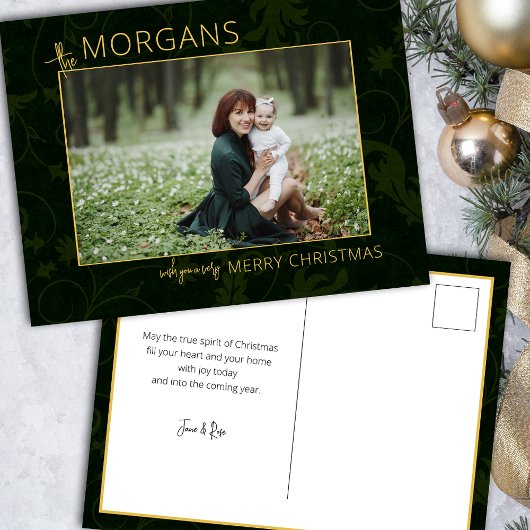 シックなミニマリストグリーンダマスクのクリスマスフォト シーズンポストカード