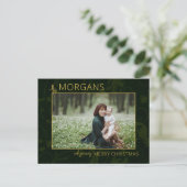 シックなミニマリストグリーンダマスクのクリスマスフォト シーズンポストカード (スタンド正面)