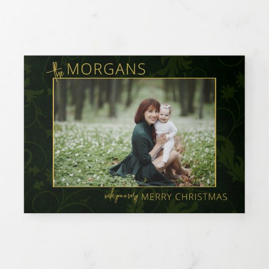 シックなミニマリストグリーンダマスクのクリスマスフォト 三つ折りクリスマスカード (カバー)