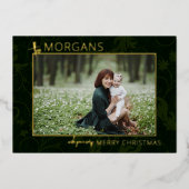 シックなミニマリストグリーンダマスクのクリスマスフォト 箔シーズンカード (正面)