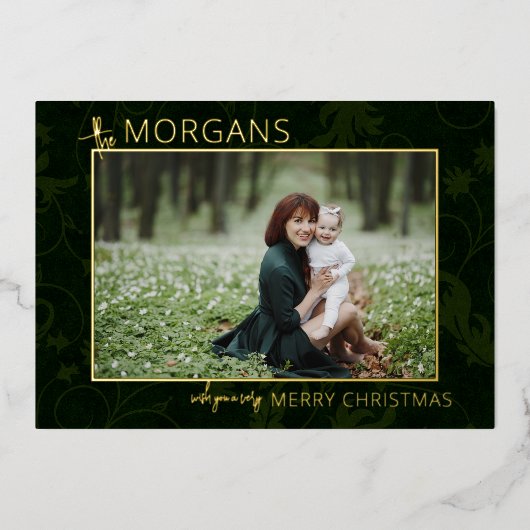 シックなミニマリストグリーンダマスクのクリスマスフォト 箔シーズンカード (正面)