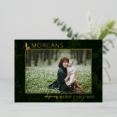 シックなミニマリストグリーンダマスクのクリスマスフォト 箔シーズンカード (立ち正面)
