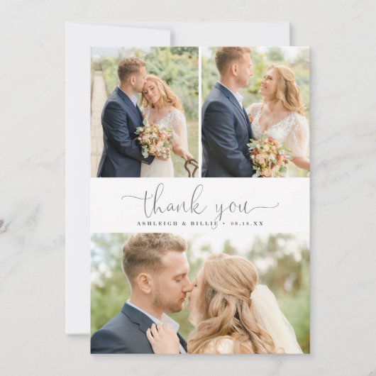 シックなミニマリストスクリプト3フォトコラージュありがとう サンキューカード (正面)