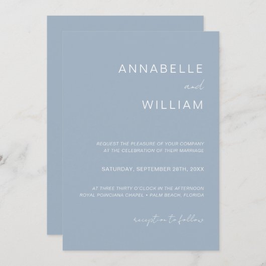 シックなミニマリストダスティブルー結婚&ホワイトのQRコード 招待状 (正面/裏面)