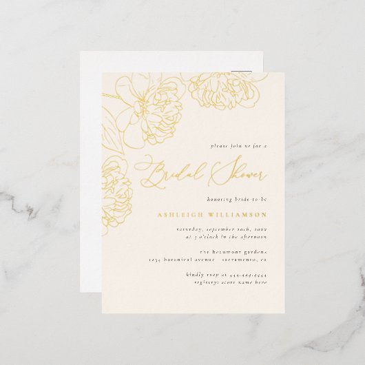 シックなミニマリストハンドドロープーンピーニーブライダルシャワー 箔招待状ポストカード (正面/裏面)