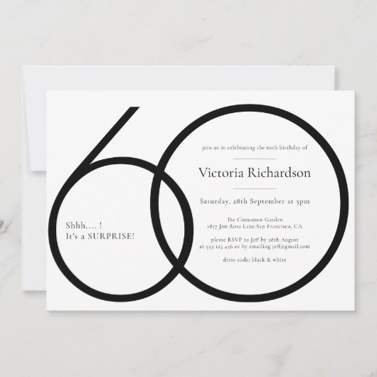 シックなミニマリストブラックホワイトサプライズ60th誕生日 招待状 (正面)