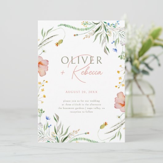 シックなミニマリストボホウォーターカラーワイルドフラワー結婚ズ 招待状 (スタンド正面)