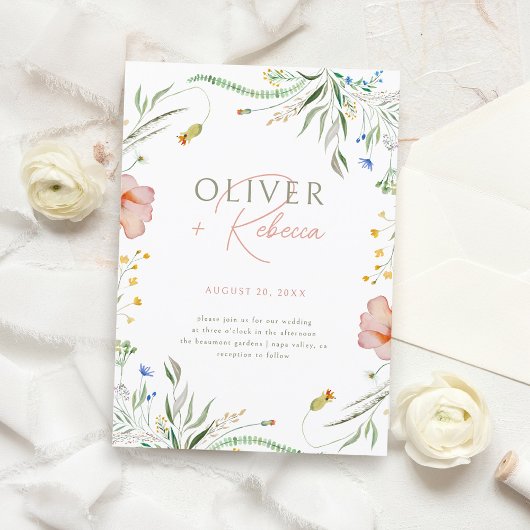 シックなミニマリストボホウォーターカラーワイルドフラワー結婚ズ 招待状