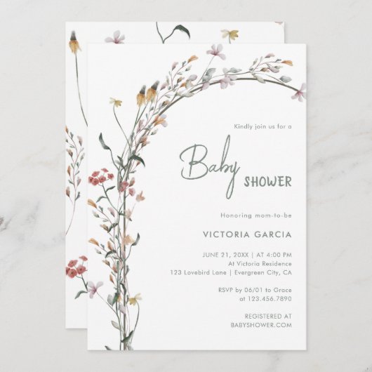 シックなミニマリストワイルドフラワーアーチベイビーシャワー 招待状 (正面/裏面)