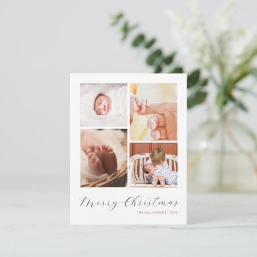 シックなミニマリスト4フォトコラージメリークリスマス シーズンカード (スタンド正面)