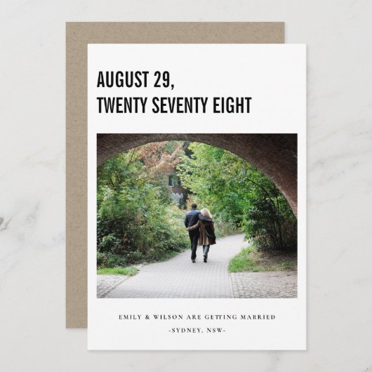 シックなミニマルはっきりしたカスタム写真DATEカードを保存 サンキューカード (正面/裏面)