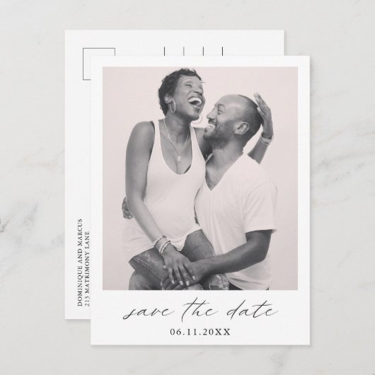 シックなミニマルシンプル主義のフォトウェディング日付を保存 案内ポストカード (正面/裏面)