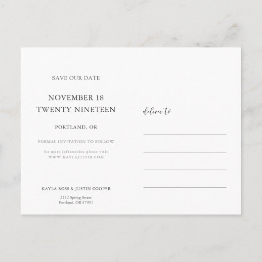 シックなミニマルモダンリストの金ゴールド写真の日付を保存 案内ポストカード (裏面)