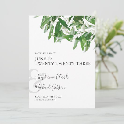 シックなミニマル葉リストオリーブの結婚式の日付を保存 セーブザデート (スタンド正面)