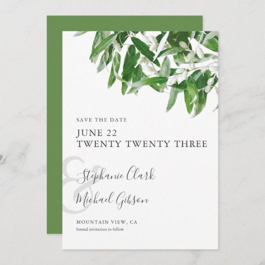 シックなミニマル葉リストオリーブの結婚式の日付を保存 セーブザデート (正面/裏面)