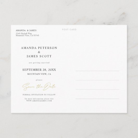 シックなミニマル金ゴールド写真の結婚式の日付を保存 案内ポストカード (裏面)