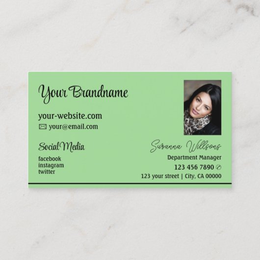 シックなミントグリーンストライプブラックのロゴと写真 名刺 (裏面)