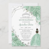 シックなミントグリーンフローラルプリンセスシルバーキンセアニラ 招待状 (正面)