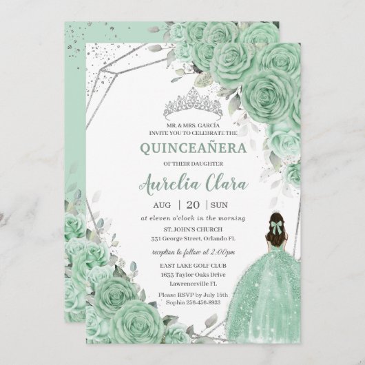 シックなミントグリーンフローラルプリンセスシルバーキンセアニラ 招待状 (正面/裏面)