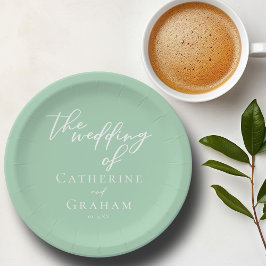 シックなミントグリーンホワイトスクパーソナライズされたリッ結婚ト ペーパープレート